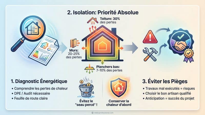 Schéma illustrant les étapes clés d'une rénovation thermique efficace pour une maison isolée