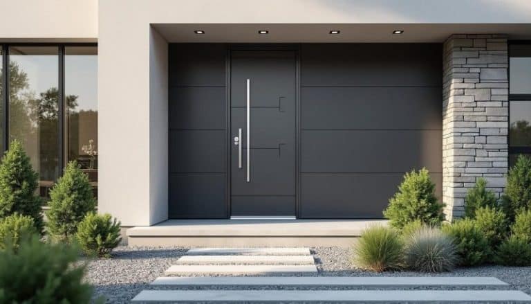 Entrée de maison moderne avec une porte d entrée gris foncé des panneaux horizontaux un mur d accent en pierre un aménagement paysager minimal et des marches en béton