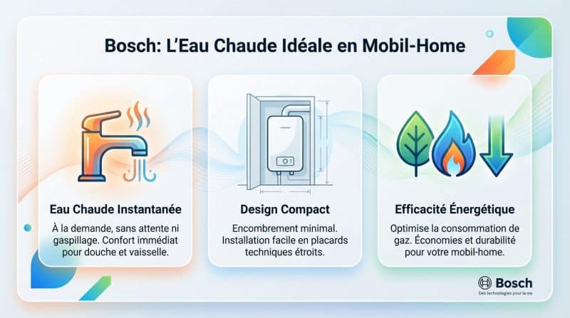 Installation compacte d'un chauffe-eau gaz Bosch dans un mobil-home moderne