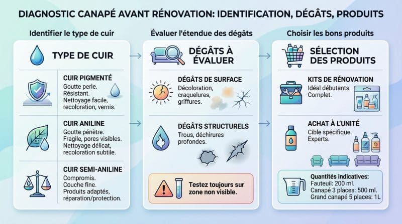 Diagnostic complet d'un canapé en cuir : identification du type de cuir, évaluation des dégâts et choix des produits de rénovation