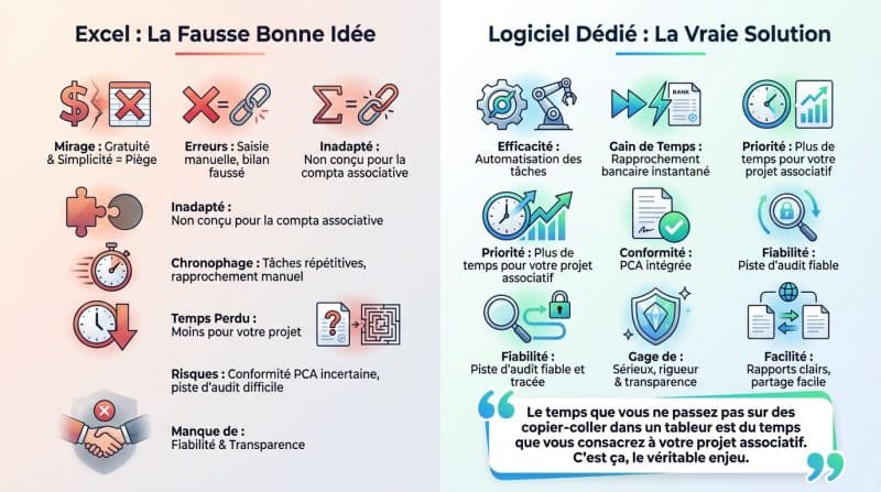 Comparatif visuel entre la gestion comptable sur Excel et un logiciel dédié pour association