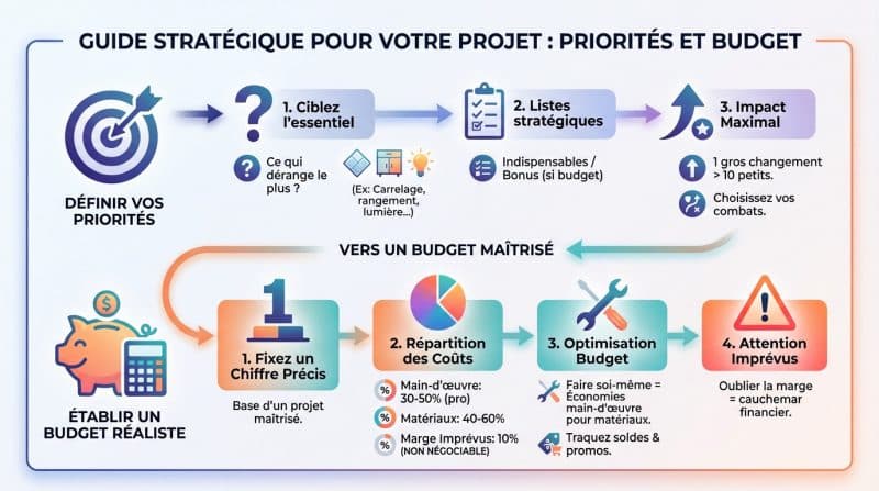 Schéma illustrant la planification stratégique des priorités et du budget pour une rénovation de salle de bain