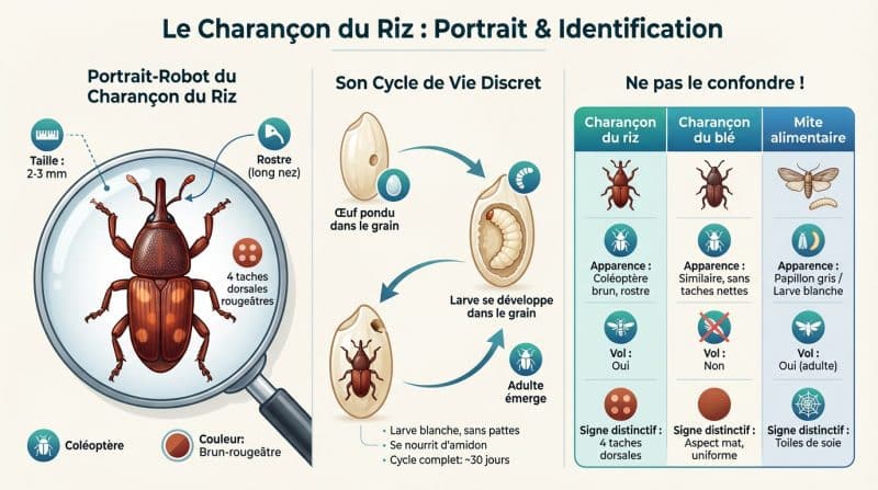 Photo macro d'un charançon du riz (Sitophilus oryzae) montrant son rostre et ses taches caractéristiques sur les élytres