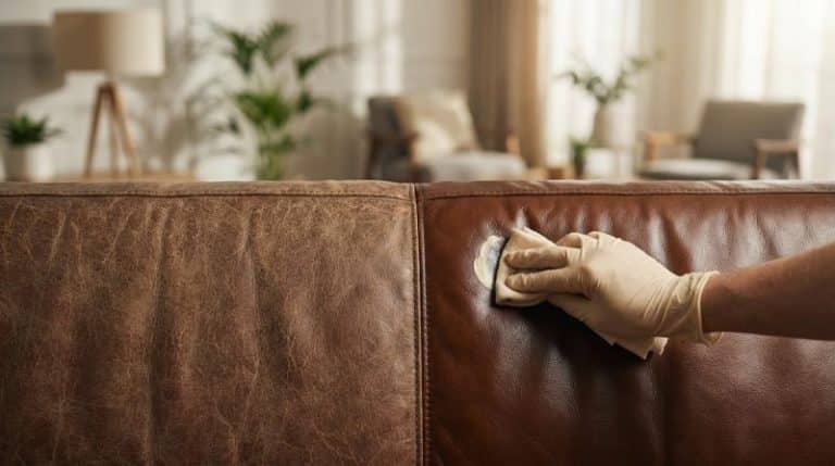 Leather sofa restoration applying renovator for new life