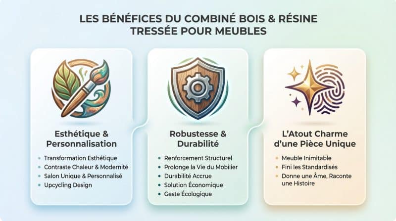 Salon de jardin rénové combinant une structure en bois robuste et une assise en résine tressée