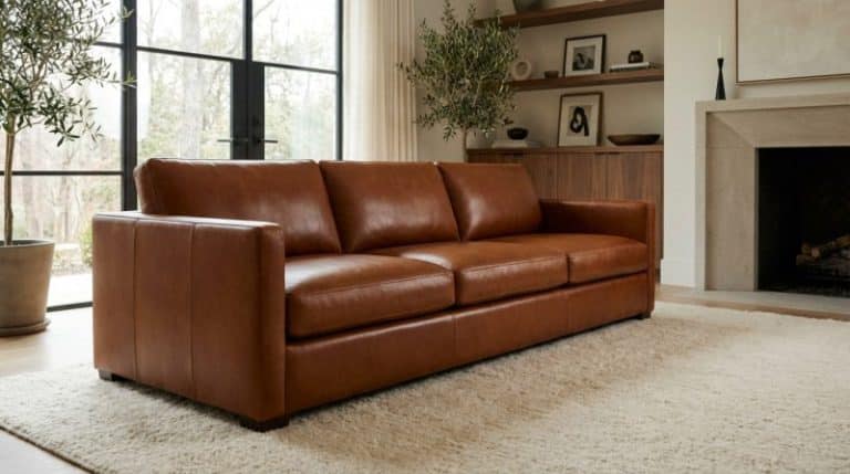 Luxurious caramel leather sofa in modern living room