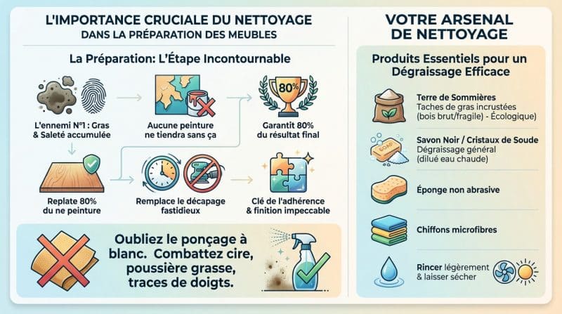 Nettoyage minutieux d'un meuble en bois avec une éponge et du savon noir
