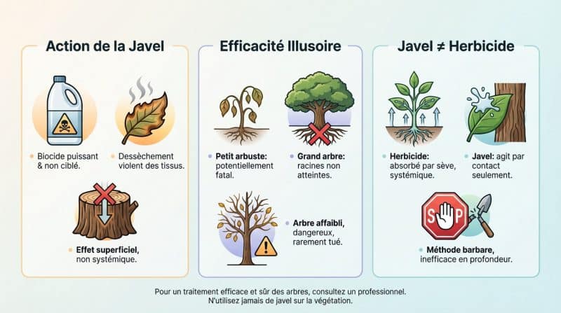 Effet néfaste de l'eau de javel versée sur les racines d'un arbre
