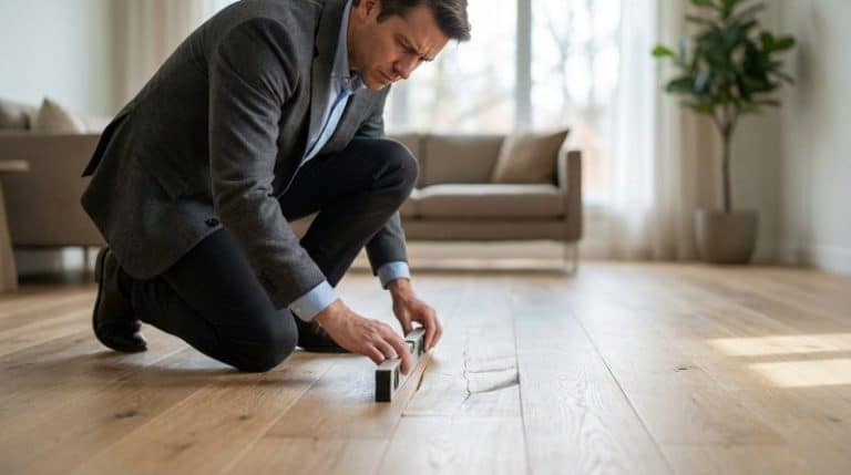 Professional inspects uneven hardwood floor