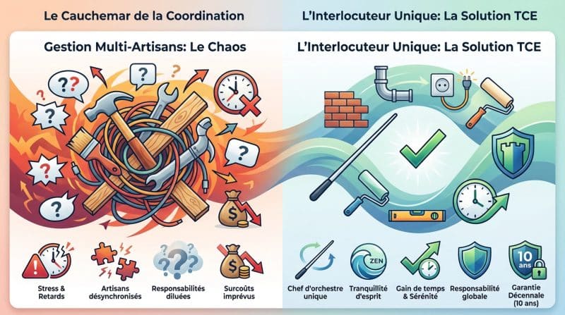 Comparaison visuelle entre le chaos de la gestion multi-artisans et la sérénité d'un interlocuteur unique en rénovation
