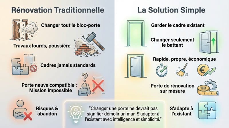 Comparaison entre une rénovation de porte avec travaux lourds et une solution simple sans changement de cadre