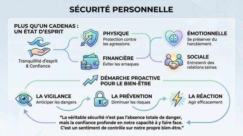 Illustration symbolisant la sécurité personnelle comme un état d'esprit englobant vigilance et prévention