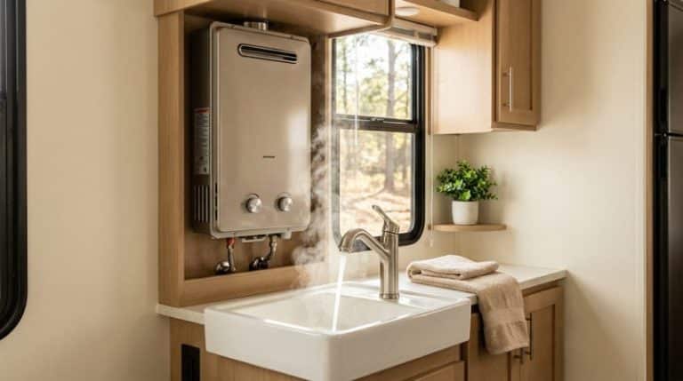 Sleek instant water heater in cozy mobile home interior