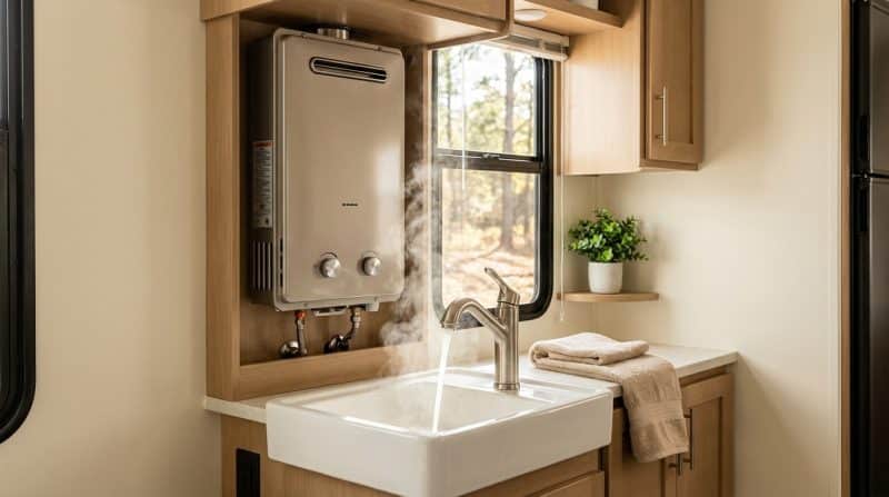 Sleek instant water heater in cozy mobile home interior