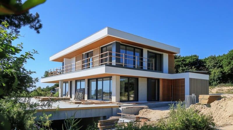 Une maison moderne de deux étages avec de grandes fenêtres et des balcons en cours de construction entourée de sable et de verdure par une journée claire et ensoleillée