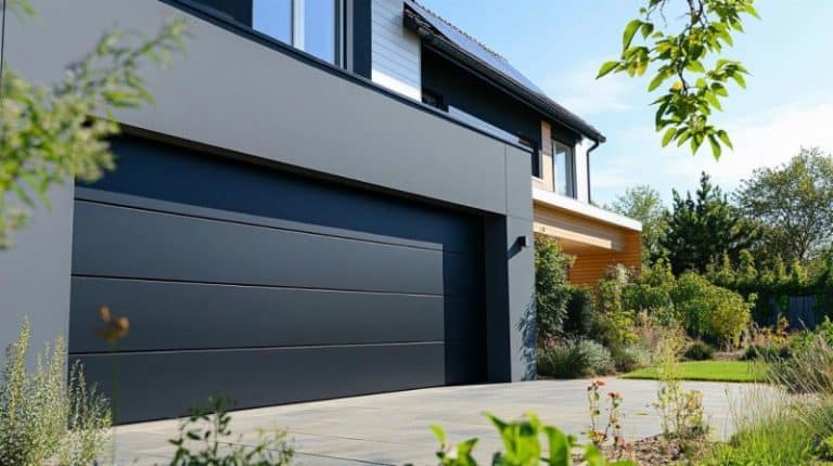 Extérieur d une maison moderne avec une grande porte de garage gris foncé une allée propre et des plantes paysagées au premier plan