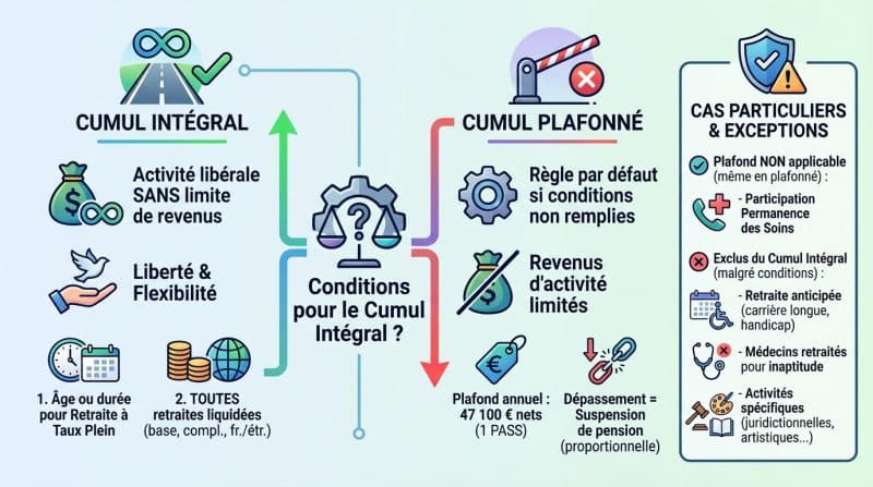 Schéma explicatif des différences entre cumul intégral et plafonné pour la retraite des médecins libéraux