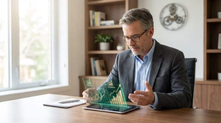 Un homme en costume est assis à un bureau et regarde des graphiques virtuels projetés à partir d une tablette indiquant la croissance et la planification de l entreprise
