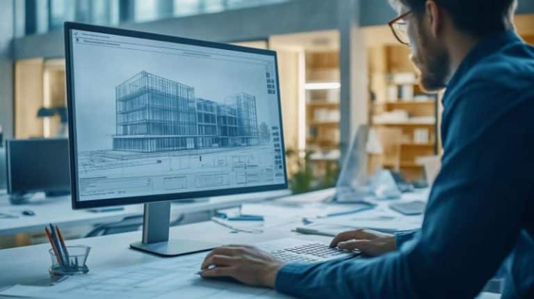 Dans un bureau moderne une personne travaille sur un ordinateur et affiche des plans et des dessins d architecture
