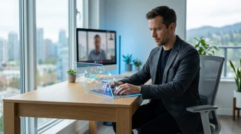 Man uses transparent laptop with futuristic financial dashboard (2026) in a modern hybrid office, cityscape view, video call.