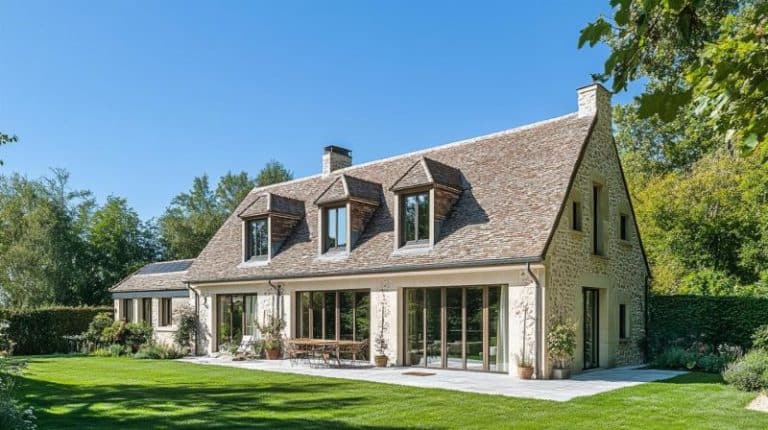 Une maison en pierre au toit pentu en bardeaux et aux grandes fenêtres se dresse sur une pelouse bien entretenue entourée d arbres sous un ciel bleu clair