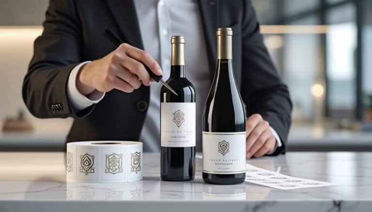 Personne en costume appliquant des étiquettes de vin personnalisées sur deux bouteilles de vin sur un comptoir en marbre avec un rouleau d étiquettes et des feuilles d étiquettes à proximité