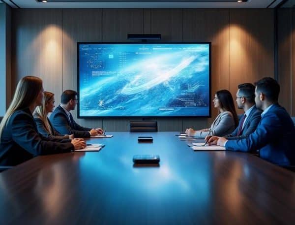 Dans une salle de réunion moderne six personnes en tenue de travail sont assises autour d une table de conférence et regardent un grand écran affichant des données et une image numérique de la terre