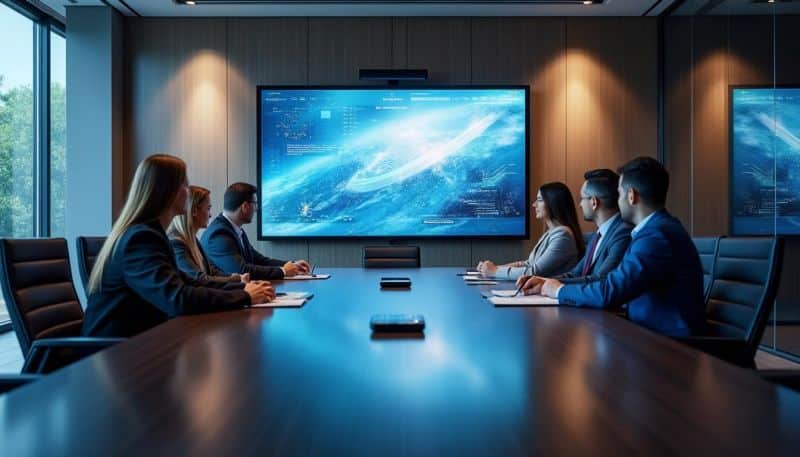 Dans une salle de réunion moderne six personnes en tenue de travail sont assises autour d une table de conférence et regardent un grand écran affichant des données et une image numérique de la terre