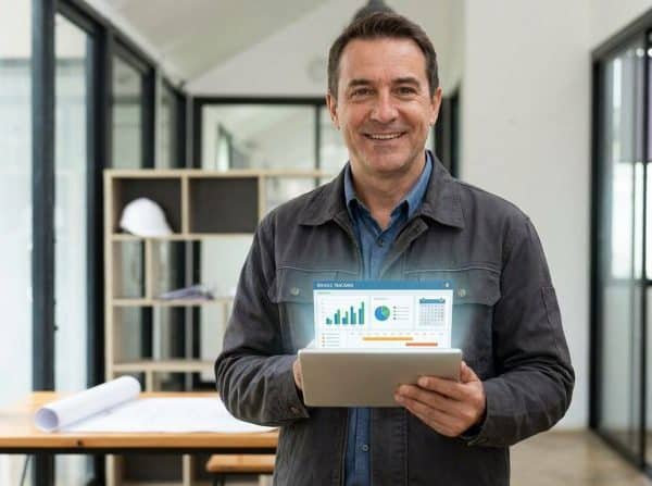 Homme souriant tenant une tablette affichant un tableau de bord de suivi de facturation avec graphiques et calendrier.