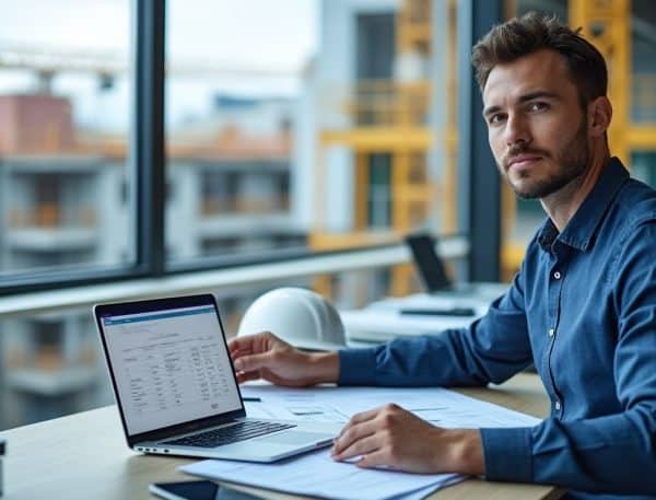 Un homme est assis à un bureau avec des documents et un ordinateur portable et regarde la caméra des grues de construction et des bâtiments sont visibles à travers la grande fenêtre derrière lui