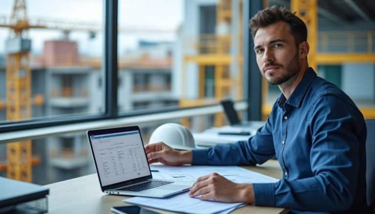 Un homme est assis à un bureau avec des documents et un ordinateur portable et regarde la caméra des grues de construction et des bâtiments sont visibles à travers la grande fenêtre derrière lui