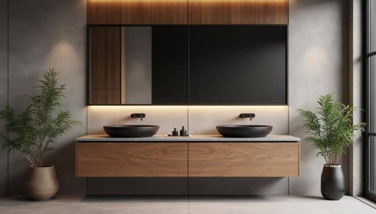 Salle de bains moderne avec un double meuble en bois des vasques noires un grand miroir un éclairage sous le meuble et deux plantes en pot de chaque côté
