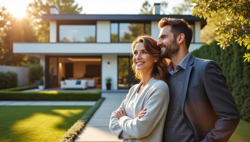 Un couple souriant se tient ensemble devant une maison moderne à deux étages avec de grandes fenêtres et une pelouse bien entretenue par une journée ensoleillée