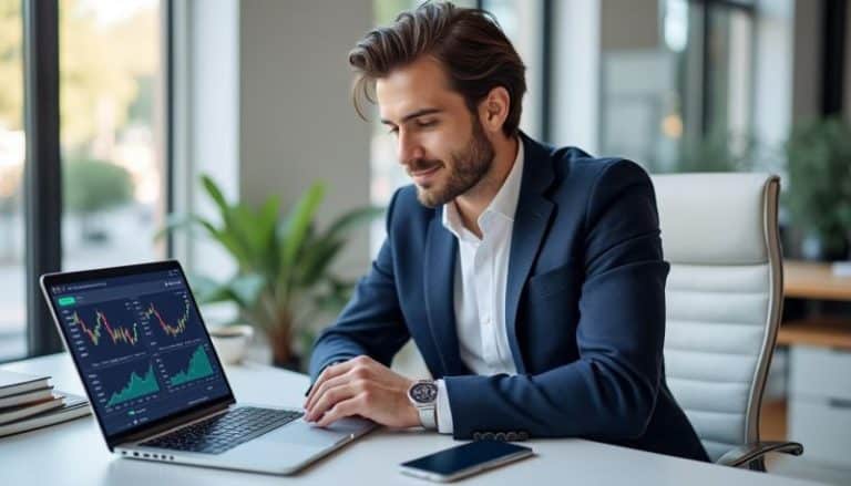 Dans un bureau moderne un homme en costume est assis à un bureau et analyse des graphiques financiers sur un ordinateur portable un smartphone des livres et une plante sont visibles à proximité