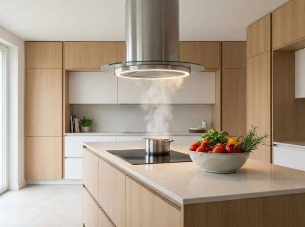 Hotte aspirante cylindrique en inox suspendue au-dessus d'un îlot de cuisine moderne avec des légumes frais.