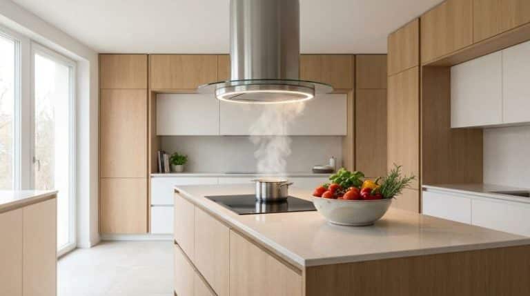 Hotte aspirante cylindrique en inox suspendue au-dessus d'un îlot de cuisine moderne avec des légumes frais.