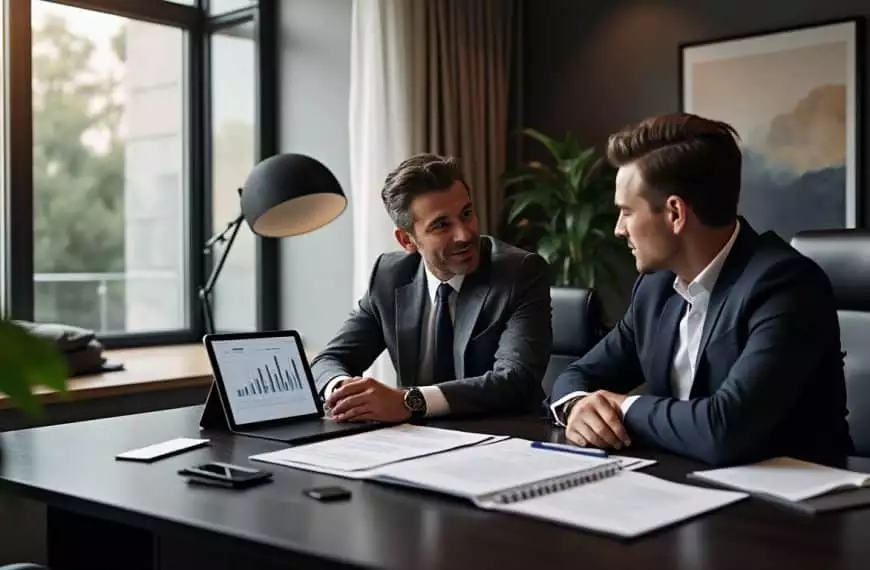 Deux hommes en costume discutent de documents assis à un bureau dans un bureau moderne ; une tablette affiche un graphique à barres et des feuilles sont étalées devant eux